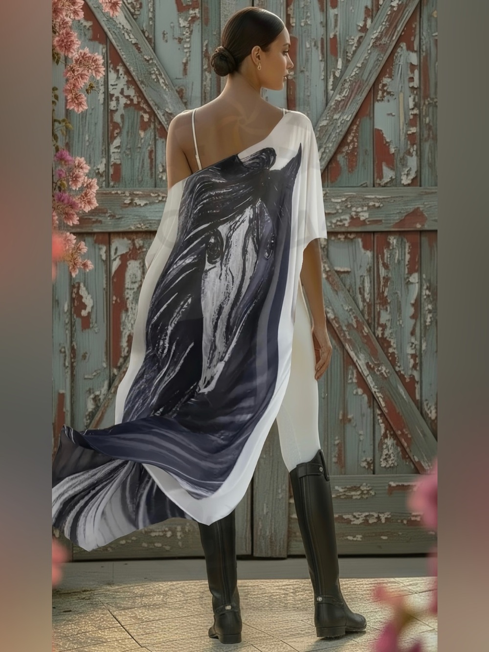 Luxury Sheer Kaftan with Large Black Horse Print Tow Piece  Matching Set